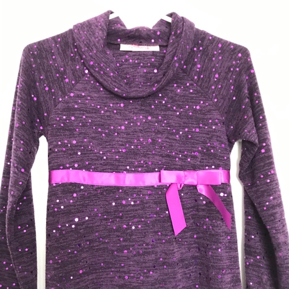 Bloome de jeune fille Purple Cowl Neck Sequin Long Sleeve Dress Offset Bow - Picture 3 of 9